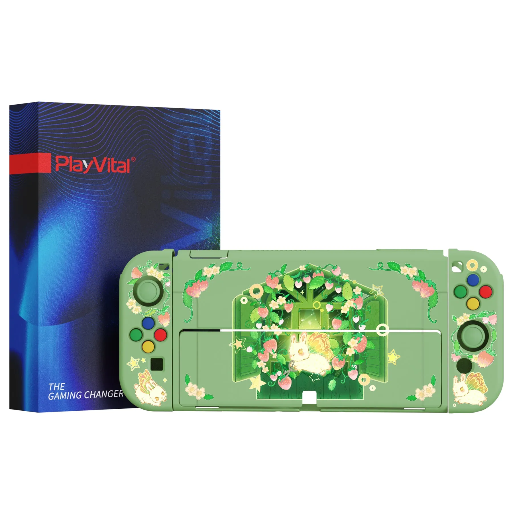 PlayVital ZealProtect Soft Protective Case for Switch OLED, Flexible Protector Joycon Grip Cover for Switch OLED with Thumb Grip Caps & ABXY Direction Button Caps - Strawberry Bunny - XSOYV6036