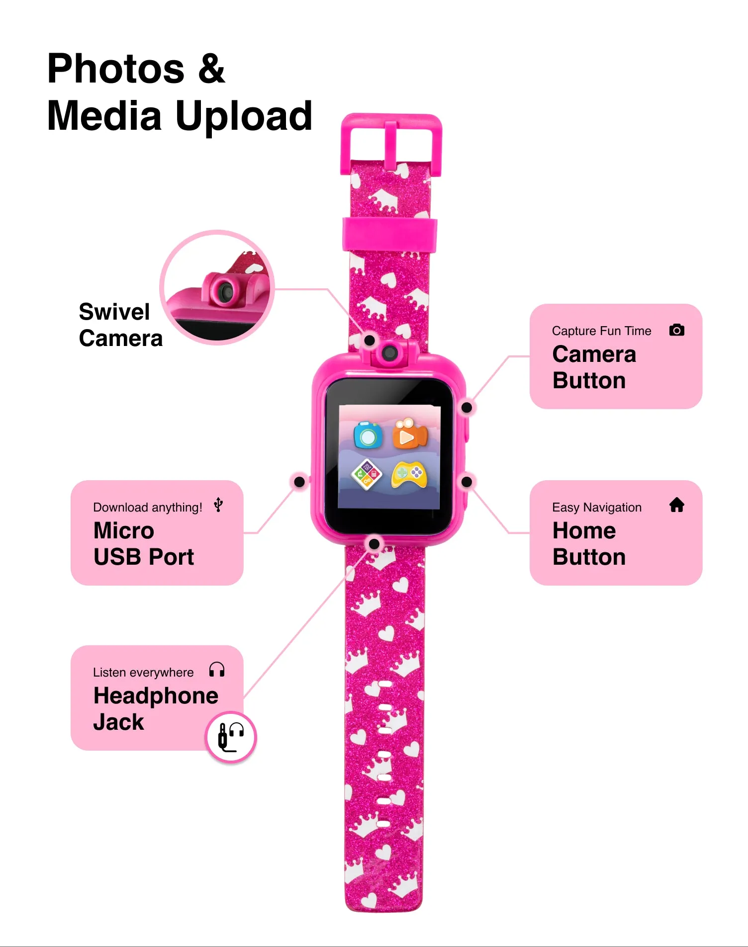 PlayZoom Kids Smartwatch with Headphones: Fuchsia Multi with Crown