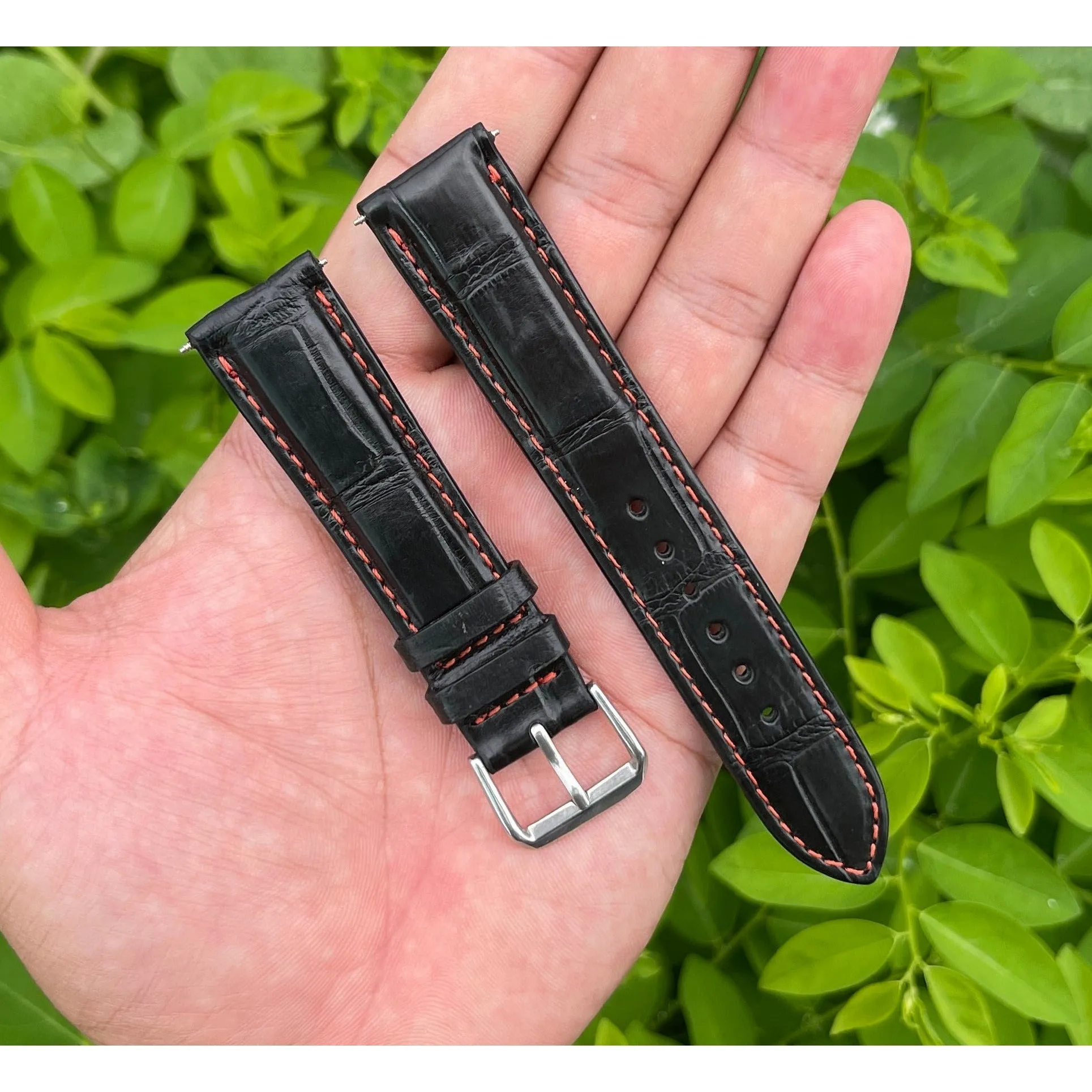 Red Hand Stitching Alligator Leather Watch Band |  Handmade Crocodile Quick Release Replacement Wristwatch Strap | DH-15