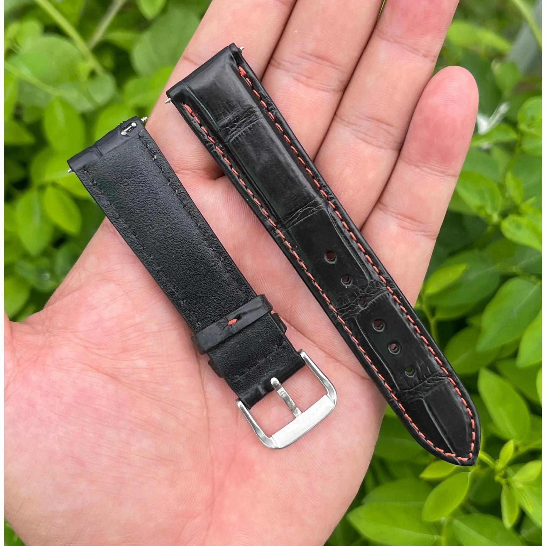 Red Hand Stitching Alligator Leather Watch Band |  Handmade Crocodile Quick Release Replacement Wristwatch Strap | DH-15