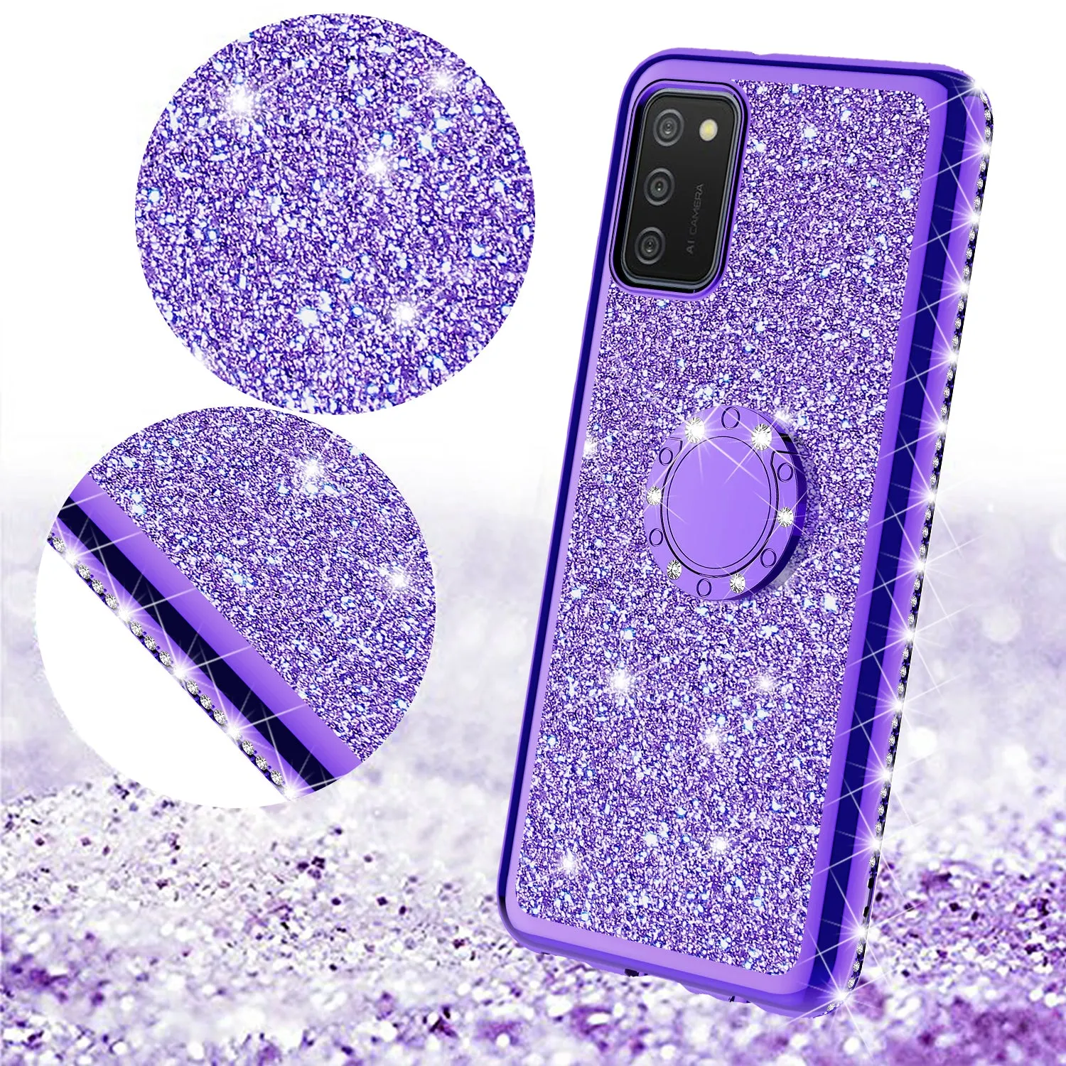 Samsung Galaxy A02s Case, Glitter Cute Phone Case Girls with Kickstand,Bling Diamond Rhinestone Bumper Ring Stand Sparkly Luxury Clear Thin Soft Protective Samsung Galaxy A02s Case for Girl Women - Purple