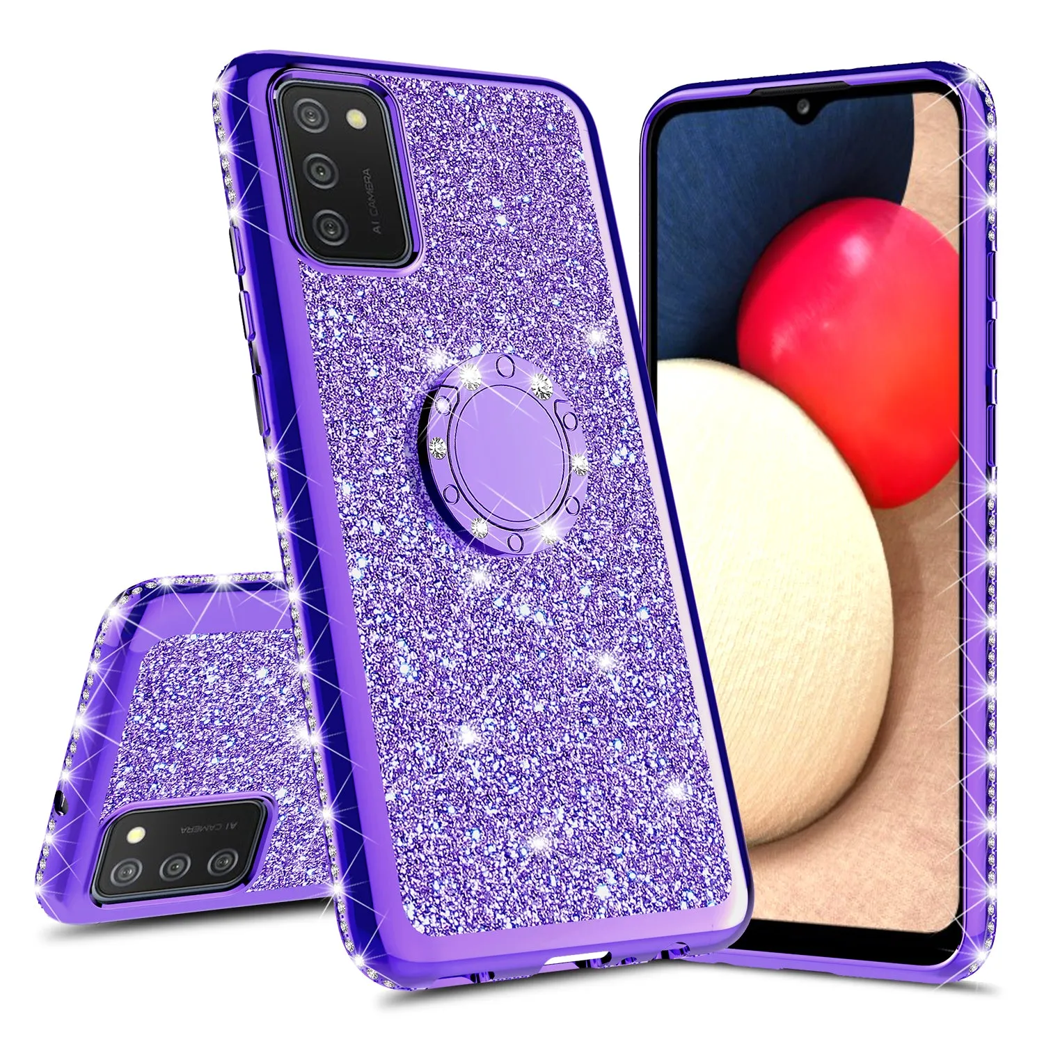 Samsung Galaxy A02s Case, Glitter Cute Phone Case Girls with Kickstand,Bling Diamond Rhinestone Bumper Ring Stand Sparkly Luxury Clear Thin Soft Protective Samsung Galaxy A02s Case for Girl Women - Purple