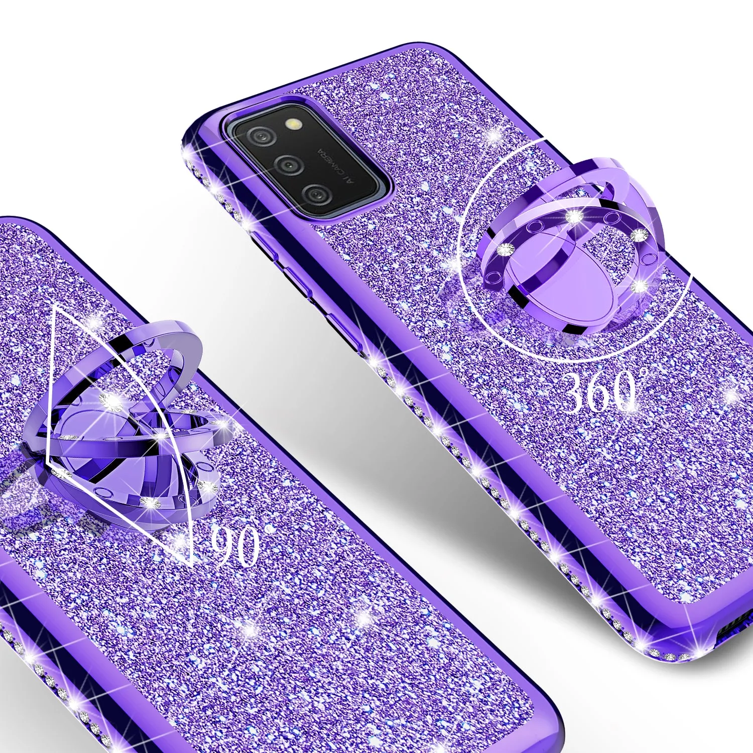 Samsung Galaxy A02s Case, Glitter Cute Phone Case Girls with Kickstand,Bling Diamond Rhinestone Bumper Ring Stand Sparkly Luxury Clear Thin Soft Protective Samsung Galaxy A02s Case for Girl Women - Purple