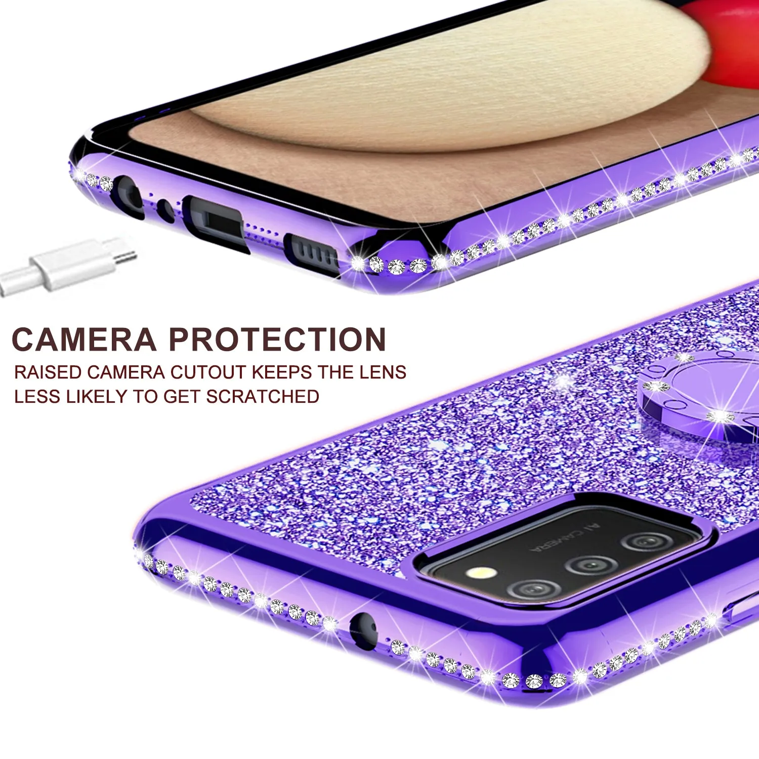 Samsung Galaxy A02s Case, Glitter Cute Phone Case Girls with Kickstand,Bling Diamond Rhinestone Bumper Ring Stand Sparkly Luxury Clear Thin Soft Protective Samsung Galaxy A02s Case for Girl Women - Purple