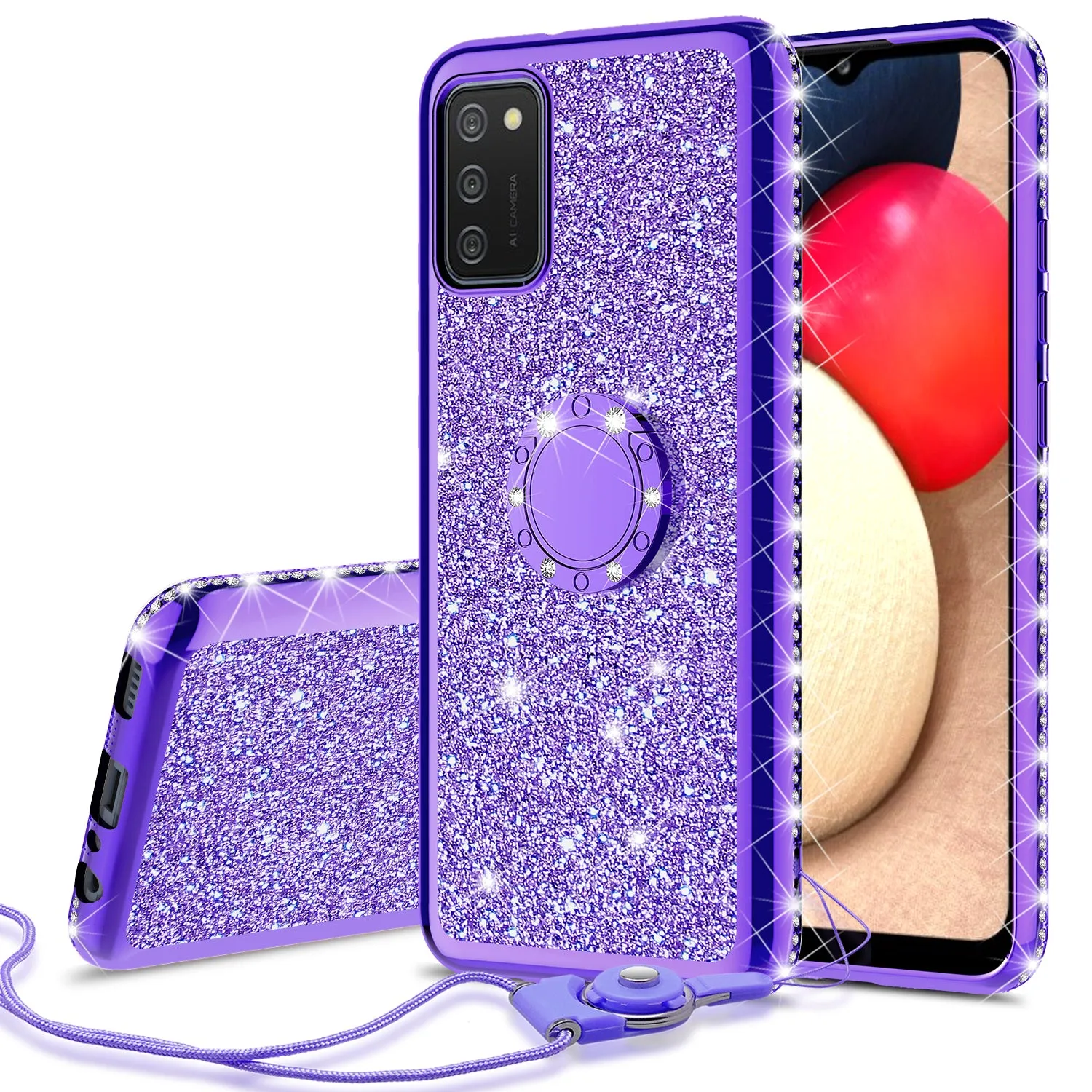 Samsung Galaxy A02s Case, Glitter Cute Phone Case Girls with Kickstand,Bling Diamond Rhinestone Bumper Ring Stand Sparkly Luxury Clear Thin Soft Protective Samsung Galaxy A02s Case for Girl Women - Purple