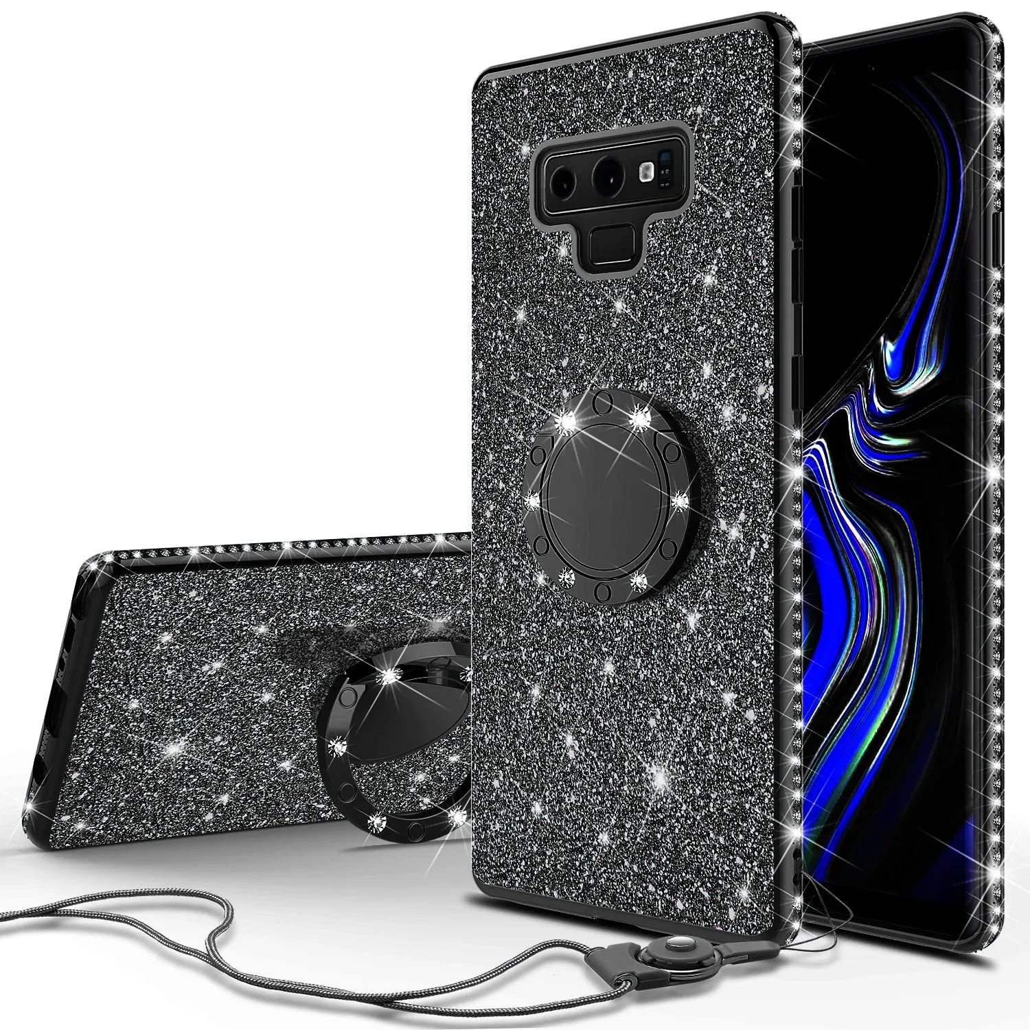 Samsung Galaxy Note 9 , SM-N960U Case, Glitter Cute Phone Case Girls with Kickstand,Bling Diamond Rhinestone Bumper Ring Stand Sparkly Luxury Clear Thin Soft Protective Samsung Galaxy Note 9 Case for Girl Women - Black