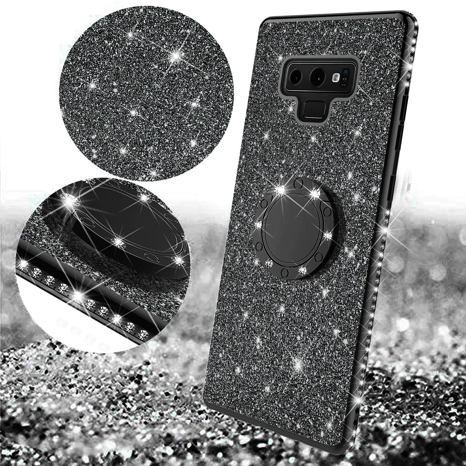 Samsung Galaxy Note 9 , SM-N960U Case, Glitter Cute Phone Case Girls with Kickstand,Bling Diamond Rhinestone Bumper Ring Stand Sparkly Luxury Clear Thin Soft Protective Samsung Galaxy Note 9 Case for Girl Women - Black