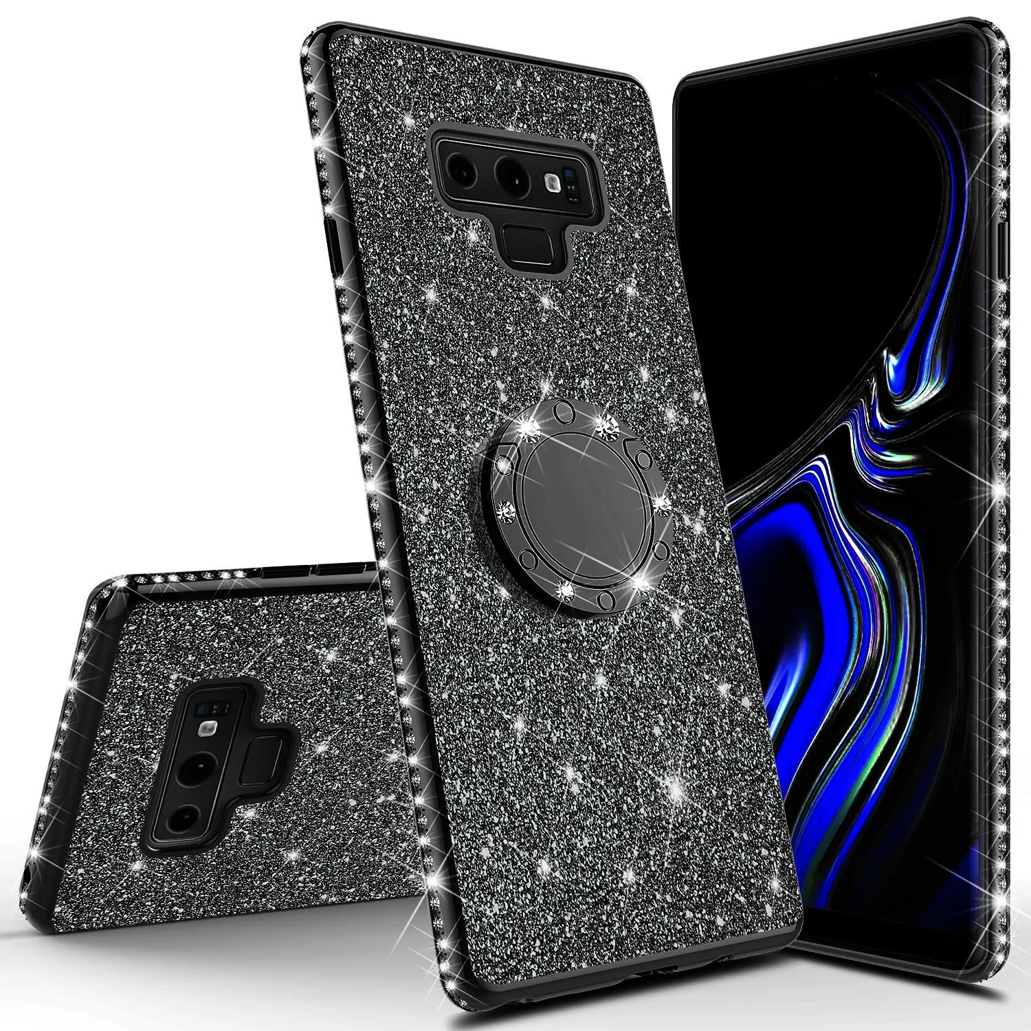 Samsung Galaxy Note 9 , SM-N960U Case, Glitter Cute Phone Case Girls with Kickstand,Bling Diamond Rhinestone Bumper Ring Stand Sparkly Luxury Clear Thin Soft Protective Samsung Galaxy Note 9 Case for Girl Women - Black