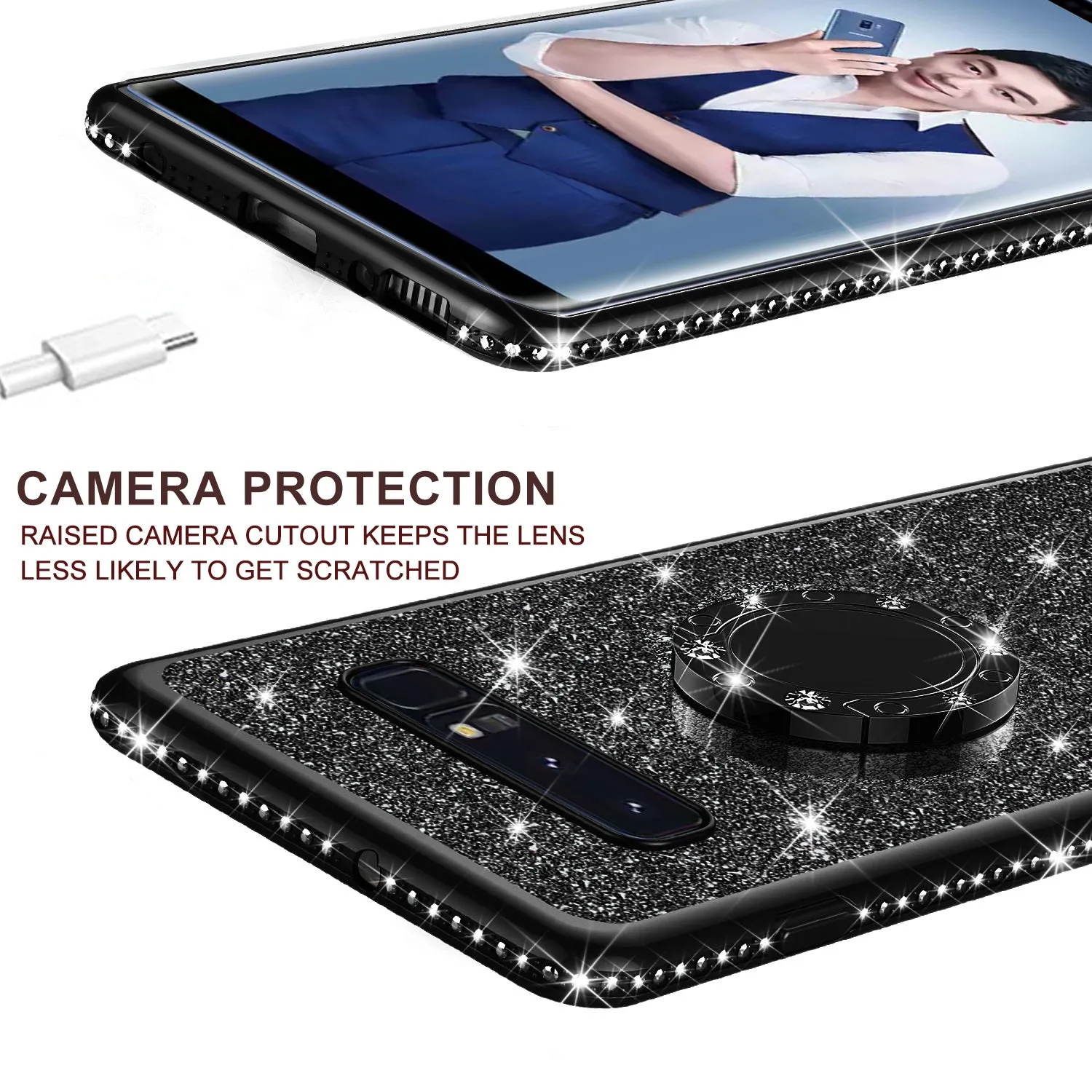 Samsung Galaxy S10e Case, Glitter Cute Phone Case Girls with Kickstand, Bling Diamond Rhinestone Bumper Ring Stand Sparkly Luxury Clear Thin Soft Protective Samsung Galaxy S10e Cover for Girl Women - Black