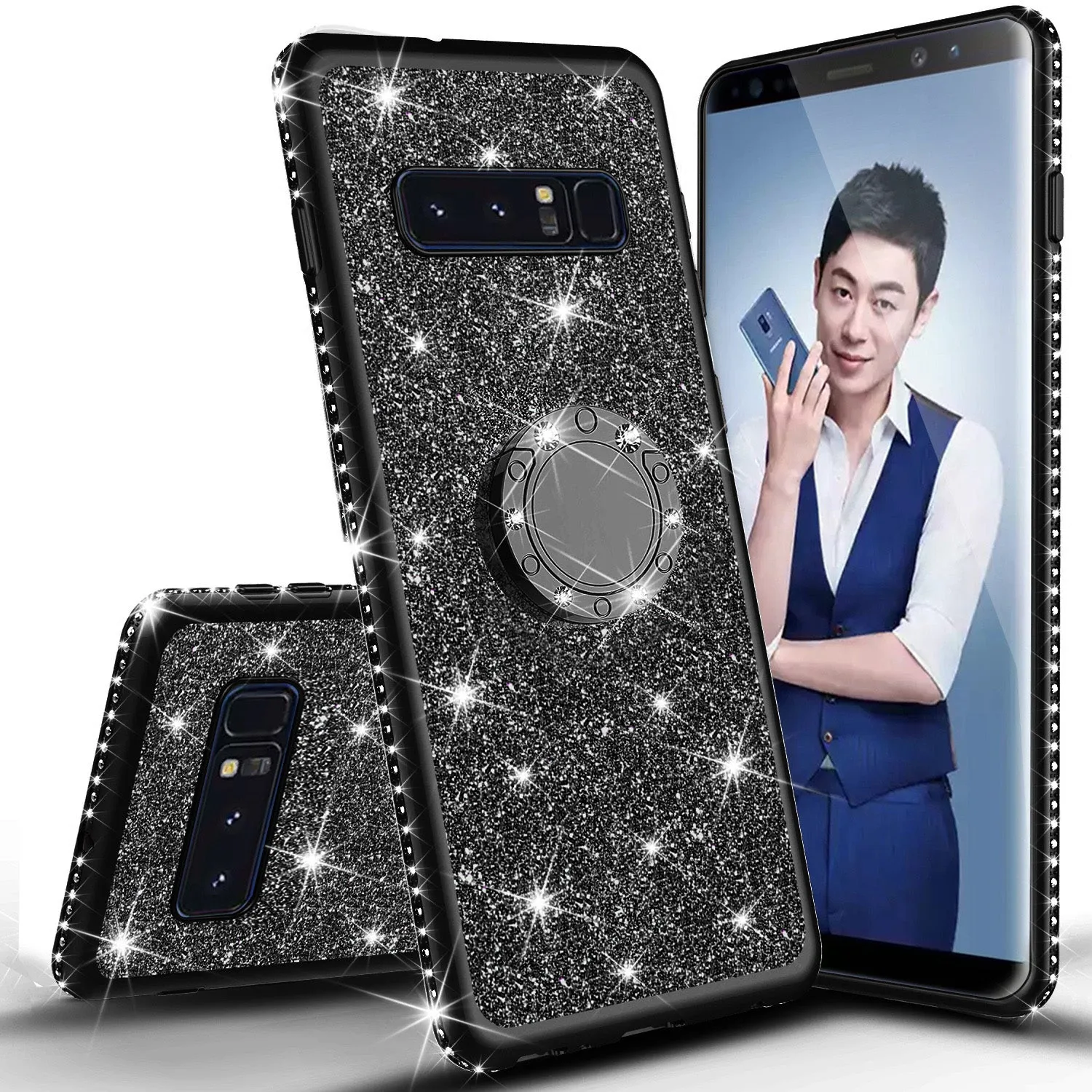 Samsung Galaxy S10e Case, Glitter Cute Phone Case Girls with Kickstand, Bling Diamond Rhinestone Bumper Ring Stand Sparkly Luxury Clear Thin Soft Protective Samsung Galaxy S10e Cover for Girl Women - Black