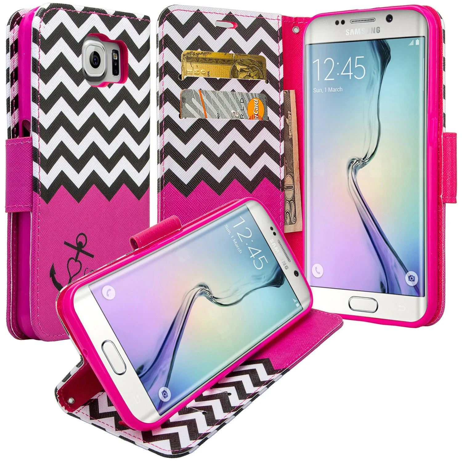 Samsung Galaxy S7 Wallet Case, Wrist Strap Pu Leather Magnetic Flip Fold[Kickstand] with ID & Card Slots for Galaxy S7 - Hot Pink Anchor