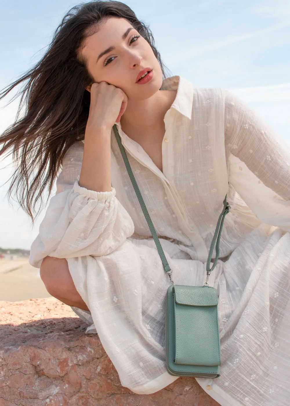 Seafoam Leather Crossbody Wallet