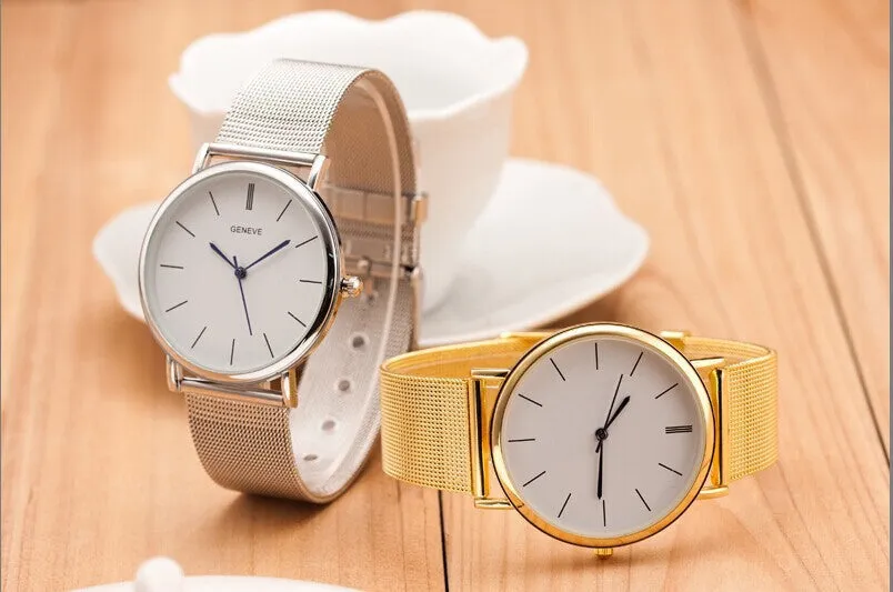 Silver Casual Geneva Quartz Watch Women Metal Mesh Stainless Steel Dress Watches