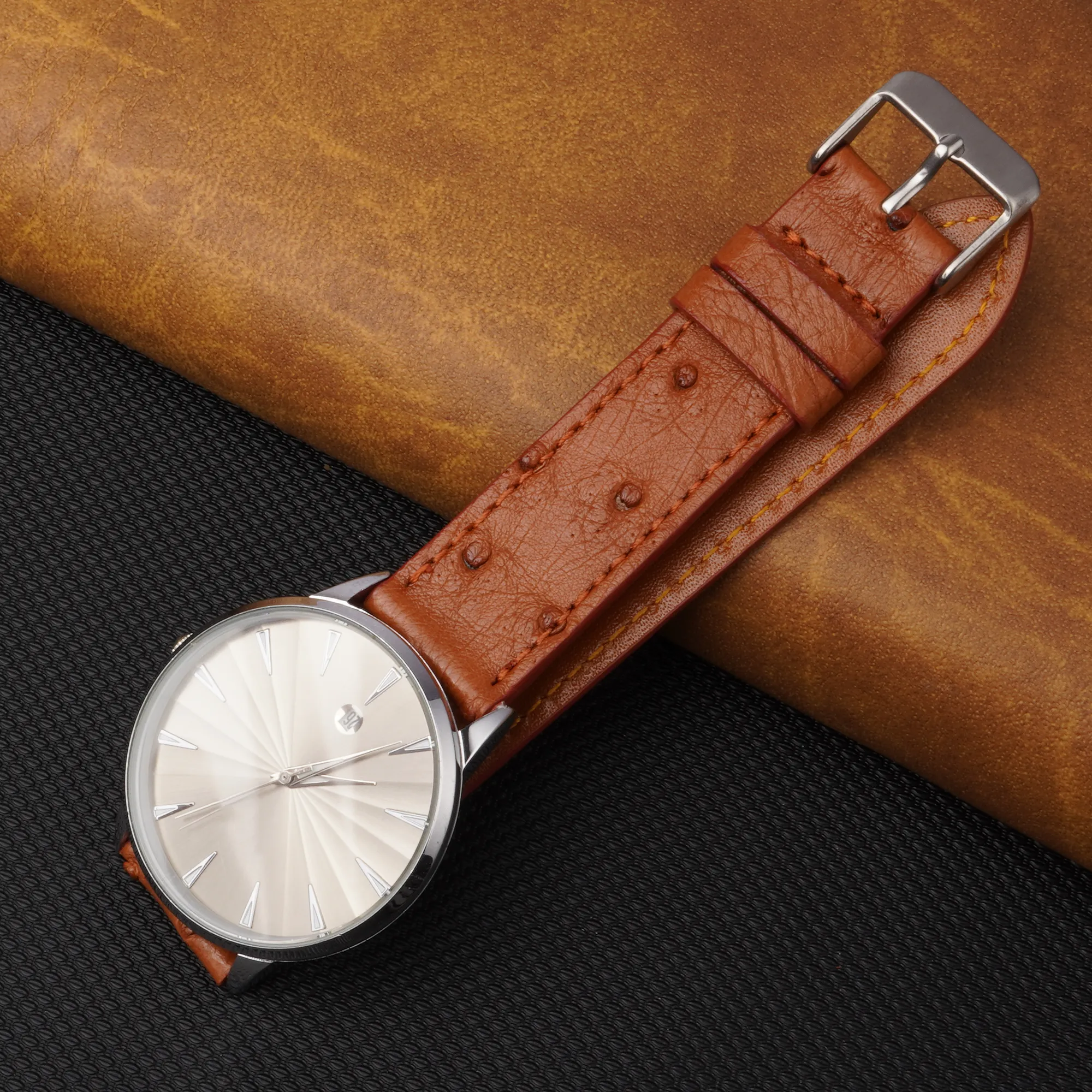 Slim Light Brown Ostrich Leather Watch Band