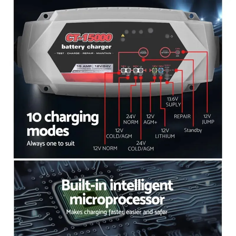 Smart Battery Charger 15A 12V/24V Automatic SLA AGM