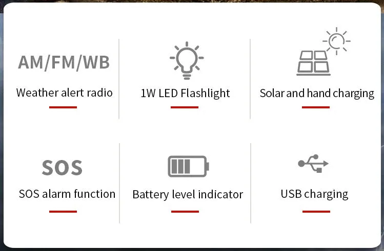 Solar Light. Charger, Radio, hand crank camping survival Flashlight