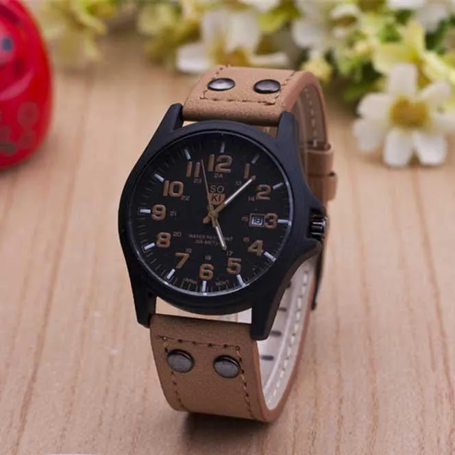 The Latest Soki Military Amy Sport Outdoor Genuine Leather Cavas Belt Dress Quartz Wristwatches Watch for Men Boy