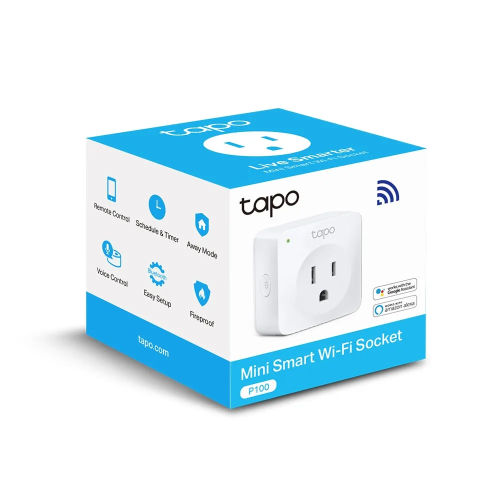 TP-Link Tapo P100 Mini Smart Wi-Fi Socket 100-240V 2.4GHz with Bluetooth 4.2 (Onboarding Only), Voice Control, Remote Control with Tapo App, Schedule & Timer, Device Sharing, Flame Retardant