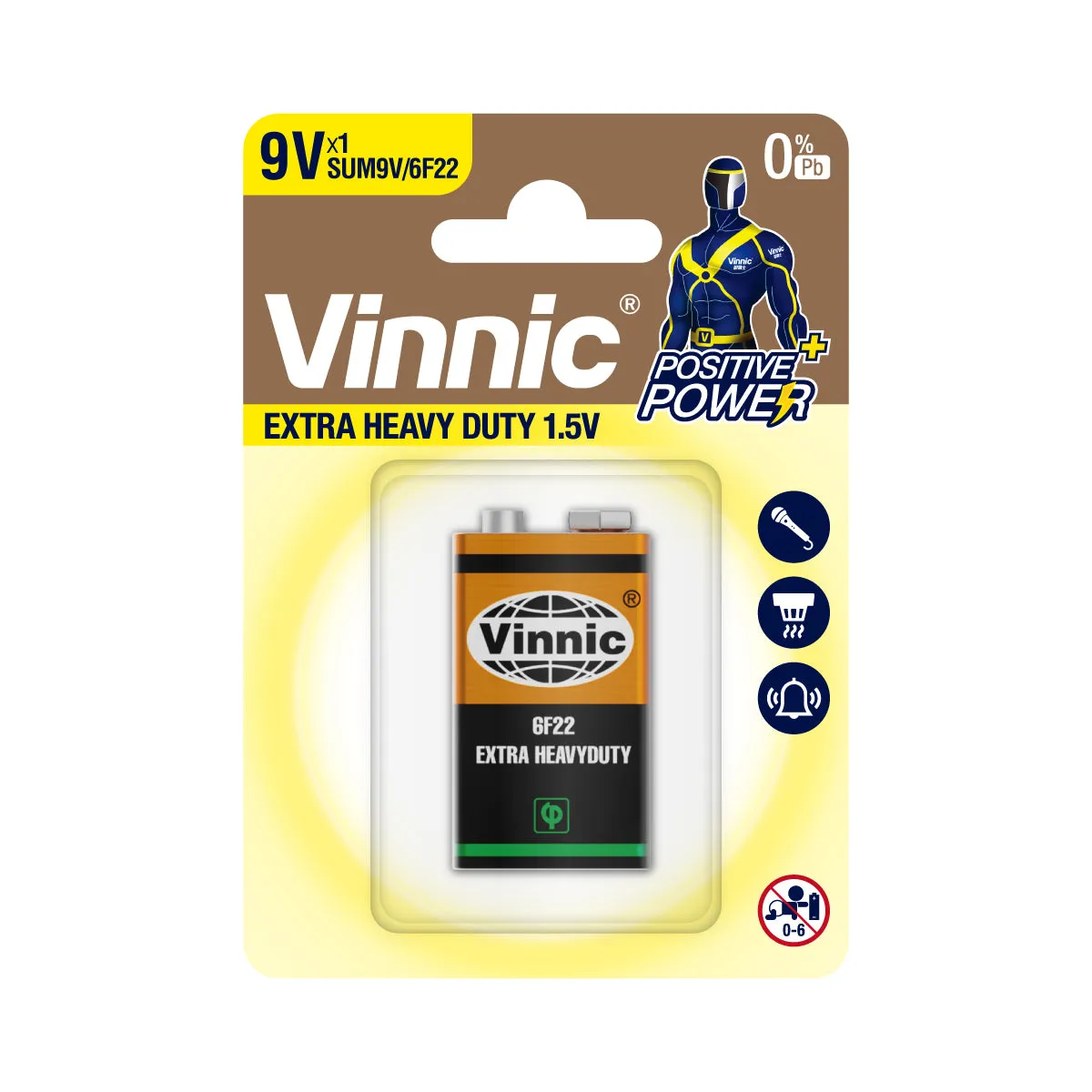 Vinnic Zinc Chloride Battery Extra Heavy Duty 9V SUM9V / 6F22 (1.5V) - 1Pcs