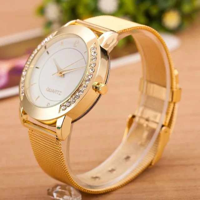 watches women  top brand luxury gold crystal diamond mesh stainless steel bracelet watches ladies quartz wristwatch clock