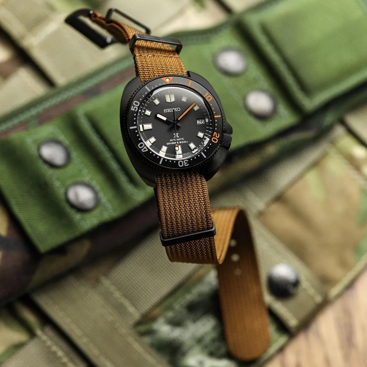 WatchGecko Ridge Military Nylon Watch Strap - Brown - PVD IP Black