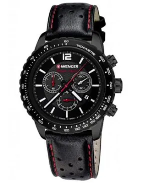 Wenger Mens Roadster Black Night Chronograph - Black PVD - Black Leather Strap