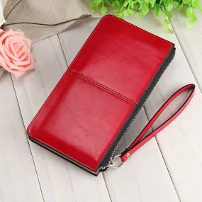 Women famous brand Oil wax leather zipper clutch wallet female candy color burglar robbed purse lady Multi-function phone bag