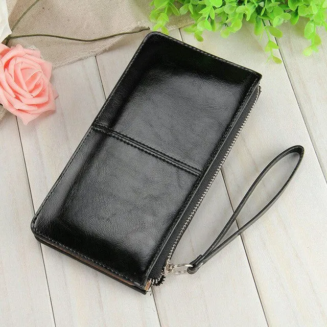 Women famous brand Oil wax leather zipper clutch wallet female candy color burglar robbed purse lady Multi-function phone bag