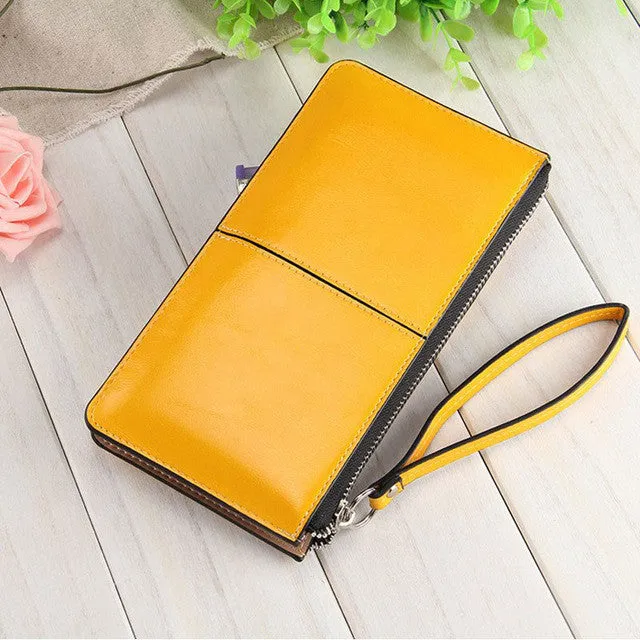 Women famous brand Oil wax leather zipper clutch wallet female candy color burglar robbed purse lady Multi-function phone bag