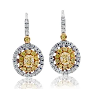 Yellow Diamond & Double Diamond Halo Drop Earrings