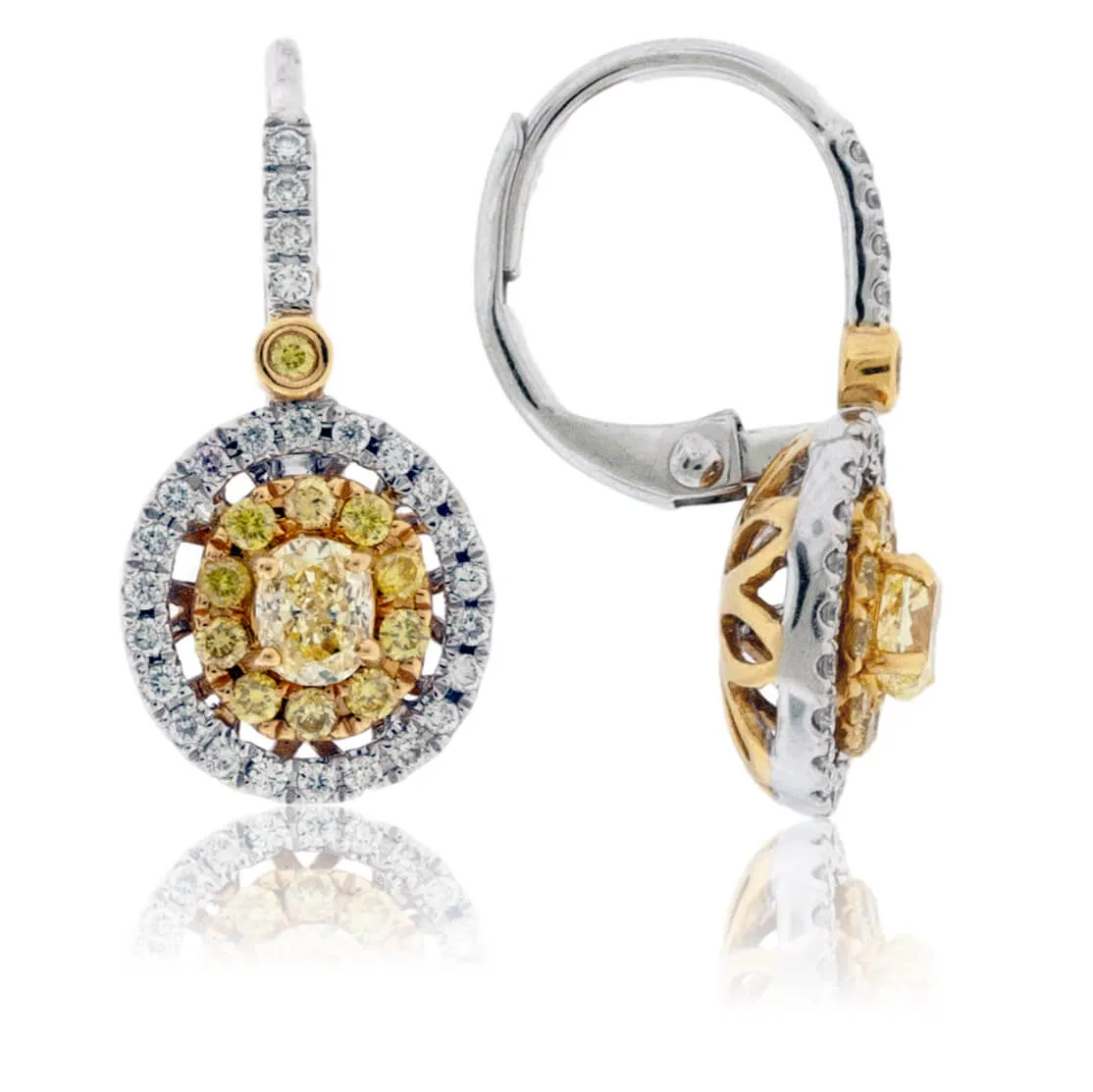 Yellow Diamond & Double Diamond Halo Drop Earrings