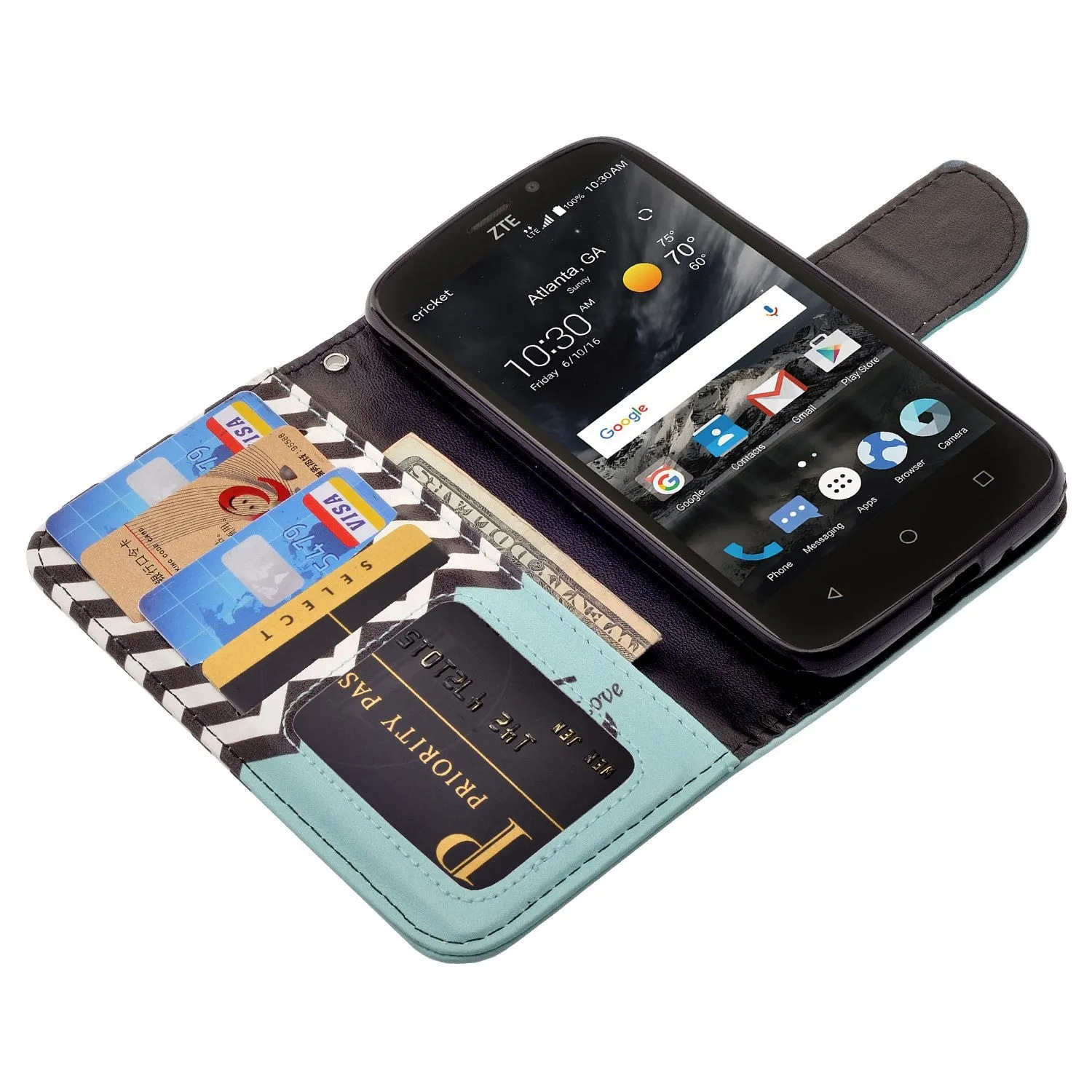 ZTE Prestige 2, Overture 3, Maven 3, Prelude Plus, ZTE 9136, Midnight Pro, Pu Leather Magnetic Flip Fold[Kickstand] Wrist Strap Wallet Case with Card Slots - Teal Anchor