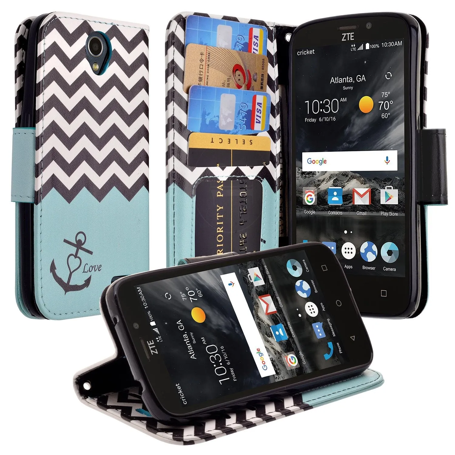 ZTE Prestige 2, Overture 3, Maven 3, Prelude Plus, ZTE 9136, Midnight Pro, Pu Leather Magnetic Flip Fold[Kickstand] Wrist Strap Wallet Case with Card Slots - Teal Anchor